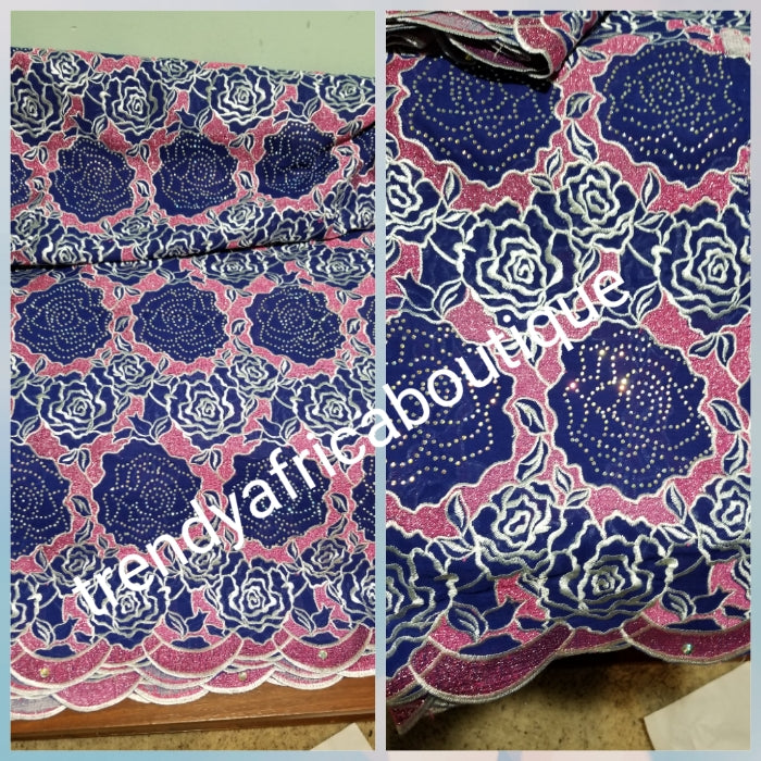 Sale: Beautiful quality Embroidery Swiss lace fabric. Navy/pink/white African wedding/ceremonial Lace fabric, embellished with white crystal stones. Sold per 5yds