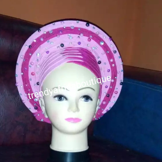 Pink/fuschia Latest Nigerian Auto-gele made with quality Aso-oke. Beaded and stoned quality hand work. One size fit, easy to adjust for fit and knot at the back. 2 tone color gele accessories
