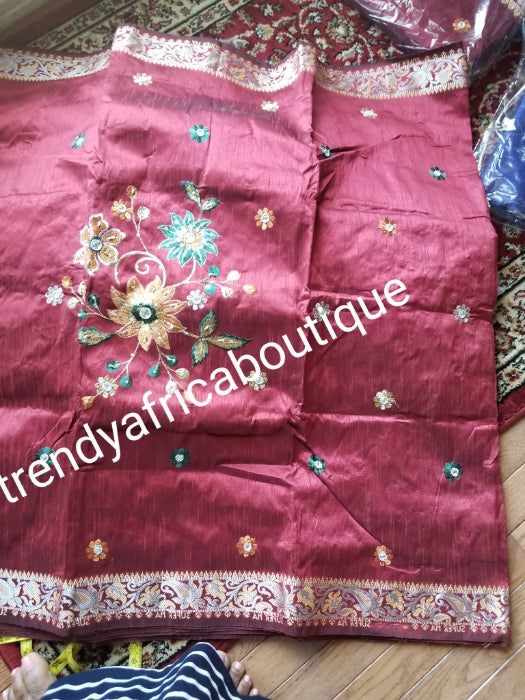 Wine all over embroidery Intorica George wrapper. Igbo/delta women Superior super-met George sold in 6yds, price is for 6yds. Free shipping within USA. Indian-George