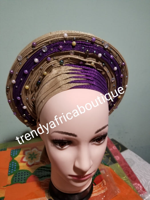 Clearance: Purple/champagne gold Auto-gele made with quality Aso-oke. Beaded and stoned quality hand work. One size fit, easy to adjust for fit and knot at the back