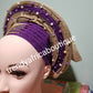 Clearance: Purple/champagne gold Auto-gele made with quality Aso-oke. Beaded and stoned quality hand work. One size fit, easy to adjust for fit and knot at the back