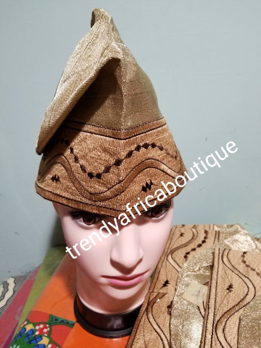 Agbada embroidered cap for men. Made with fine quality aso-oke. Available in size 22.5 and 23. Nigerian Agbada cap in champagne gold