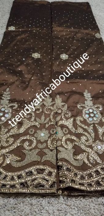 Sale: New arrival chocolate VIP George wrapper. Nigerian/Igbo/delta women Wrapper in silk George, all hand crystal stones. Chocolate/chocolate 5yds+ 1.8yds matching net blouse