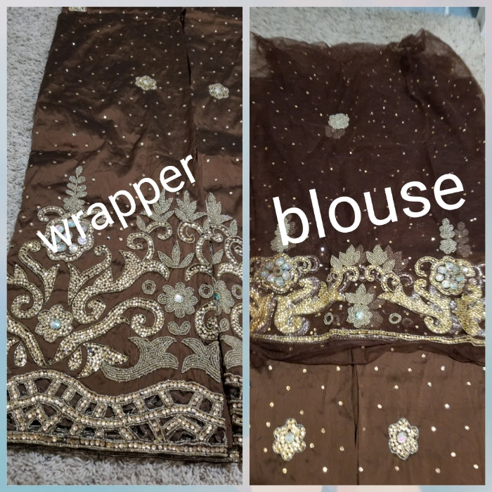 Sale: New arrival chocolate VIP George wrapper. Nigerian/Igbo/delta women Wrapper in silk George, all hand crystal stones. Chocolate/chocolate 5yds+ 1.8yds matching net blouse