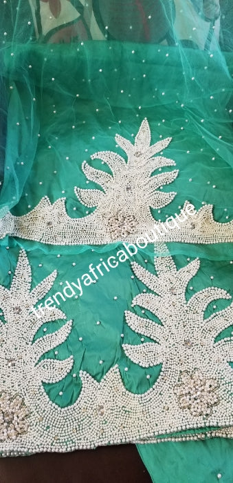 Top Quality Raw Silk George wrapper in light green Hand Beaded and stoned Indian hand made design George wrapper for Igbo/delta celebrant women. 6.7yds total