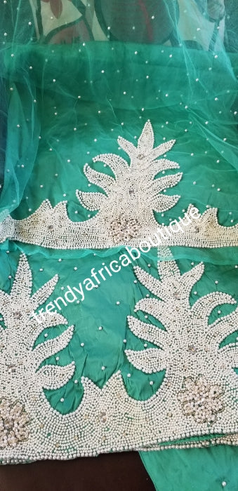 Top Quality Raw Silk George wrapper in light green Hand Beaded and sto ...