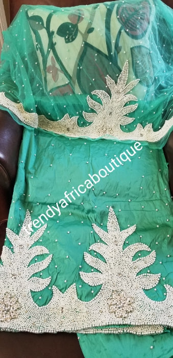 Top Quality Raw Silk George wrapper in light green Hand Beaded and stoned Indian hand made design George wrapper for Igbo/delta celebrant women. 6.7yds total