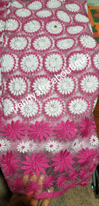 New arrival fuschia/white French lace fabric. Quality embriodery, all over dazzling crystal stones. Sold per 5yds. Price is for 5yds. Beautiful African embriodery french lace- swiss quality design
