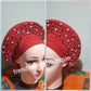 RED Auto-gele made with quality Aso-oke. Beaded and stoned quality hand work. One size fit, easy to adjust for fit and knot at the back