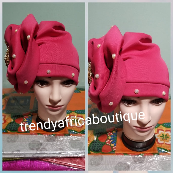 Fuschia pink  women-turban. One size fit. Beautiful flower design with a side brooch to add decor to your turban
