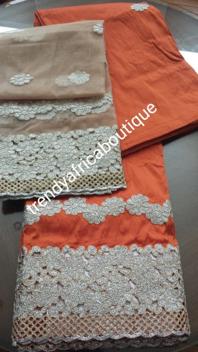 Sale sale: Nigerian Tranditional George wrapper. Embriodery/stones design in Orange/champagne with matching blouse. Small-George. Classic border design can be use for any Styles.