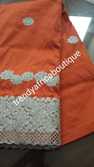 Sale sale: Nigerian Tranditional George wrapper. Embriodery/stones design in Orange/champagne with matching blouse. Small-George. Classic border design can be use for any Styles.