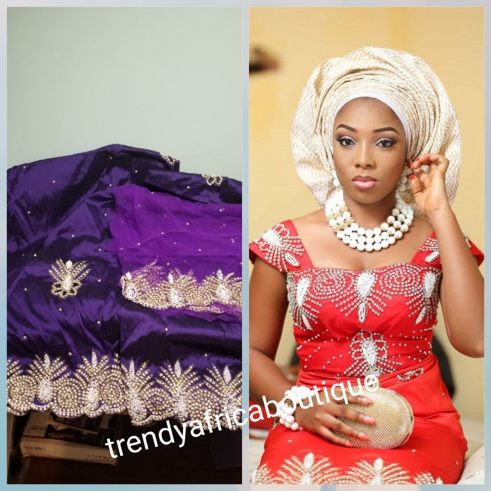 Sale sale; Nigerian Traditional George wrapper. Hand Beaded/stones design in purple/purple 1.8 matching net blouse. Igbo/delta bride outfit. Small-George.