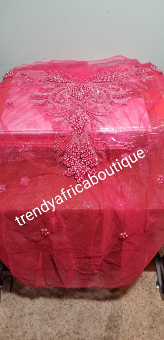Fuschia pink colors of Igbo/delta women Nigerian beaded net blouse fabric. 1.8yds net and fully beaded for making blouse for wrappers. Nigerian Bridal outfit