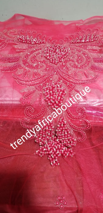 Fuschia pink colors of Igbo/delta women Nigerian beaded net blouse fabric. 1.8yds net and fully beaded for making blouse for wrappers. Nigerian Bridal outfit