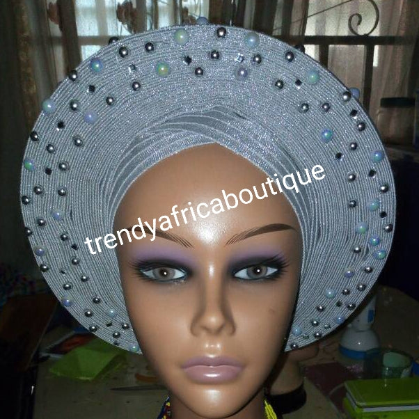 Clearance Nigeria gele. Silver/Gray Auto-gele. Nigerian aso-oke made into auto gele. beaded and stoned. Party ready in less than 5 minutes. One size fit, easy adjustment at the back