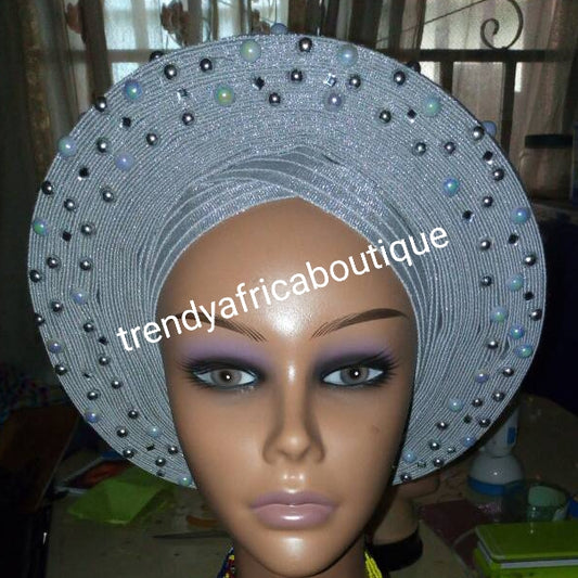 Clearance Nigeria gele. Silver/Gray Auto-gele. Nigerian aso-oke made into auto gele. beaded and stoned. Party ready in less than 5 minutes. One size fit, easy adjustment at the back