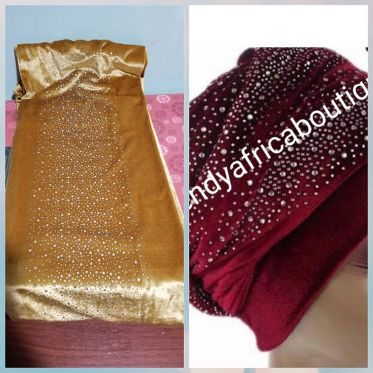 Velvet women-turban design with crystal stone art work for a more creative hair wrap. This is Gold color.