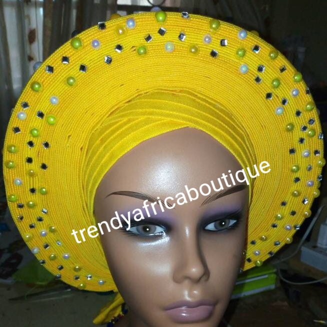 Clearance: Nigeria gele. Beautiful yellow Auto-gele. Nigerian aso-oke made into auto gele. beaded and stoned. Party ready in less than 5 minutes. One size fit, easy adjustment at the back
