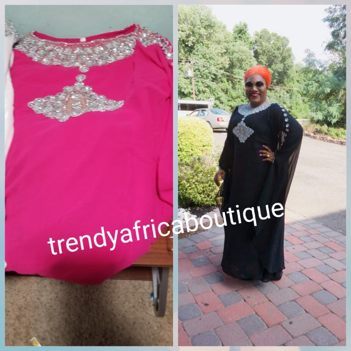 Fuschia pink Dubai Kaftan dress. 2 in 1 piece long free flowing kaftan for that special evening occasion. Stoned with silver crystal stones to perfection and elegance. Available in XL and 3XL