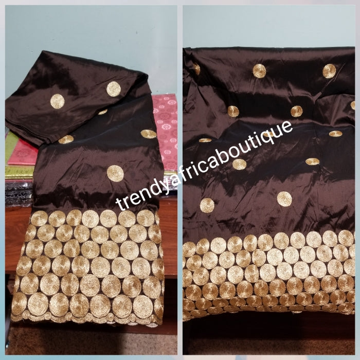 Hot sale!  Original quality indian Embroidery Silk George wrapper  for Nigerian party dresses. Indian-george. Beautiful chocolate brown with all over Gold embroidery Sold per 5yds.  Feel the difference in Quality!!