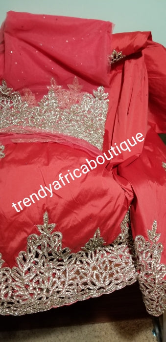 Special offer, New arrival Coral VIP silk George wrapper. All hand stoned with dazzling silver crystals/hand cut border. Exclusive design for Nigerian/Igbo/delta celebrants. Is 5 yards + 1.8yds net blouse.