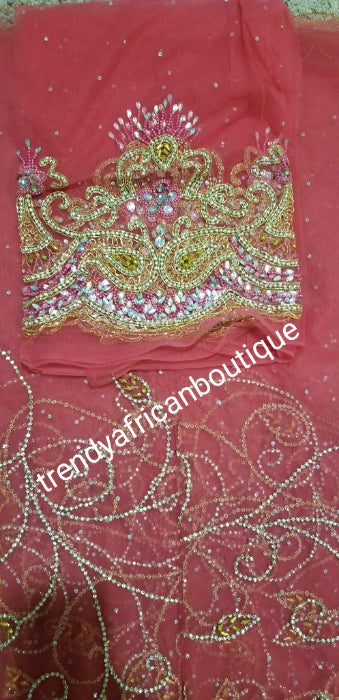 Sale: New arrival Coral color VIP Madam Net George wrapper for Nigerian big event. all hand stoned 5yds net + 1.8yds matching net  for blouse. Nigerian Traditional Celebrant Net George. Sold as a set.