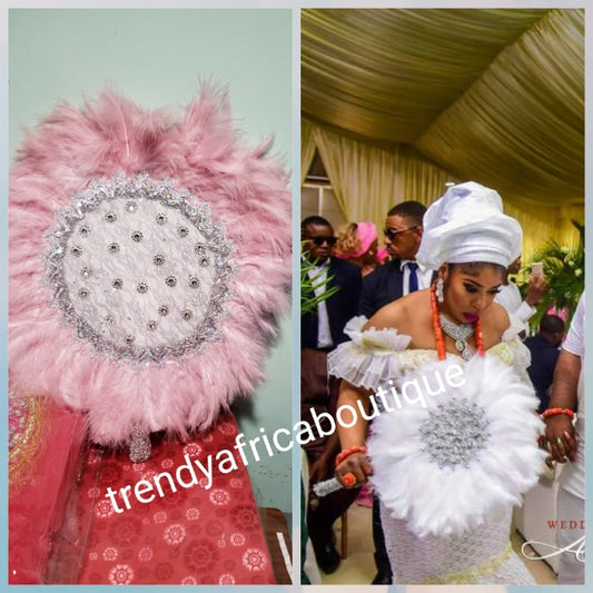 Latest feather hand fan in beautiful baby pink. Bridal Accessories hand fan for celebrant. Fully handmade with silver handle.  Nigerian Bride fluffy feathers hand fan