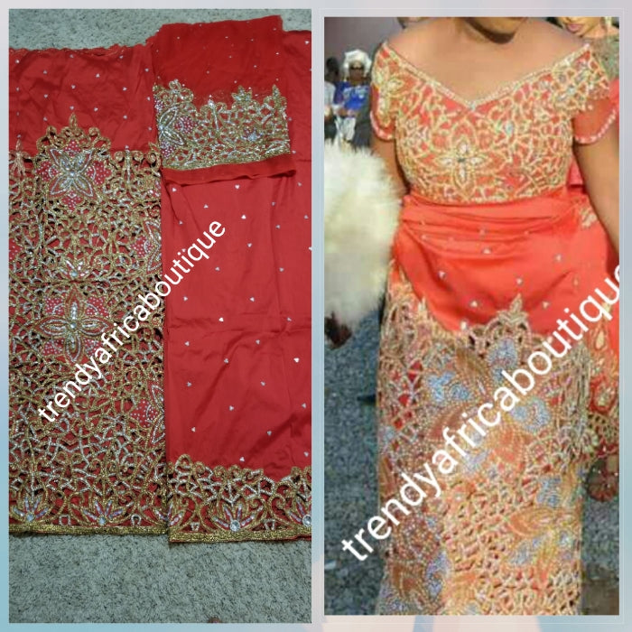 Red VIP/Celebrant Supper quality Silk George Wrapper for High society Ceremony. Niger/Igbo/Delta women George wrapper comes in 5yds wrapper + 1.8 yrds matching blouse. Nigerian Traditional  outfit. Hand stoned with Gold and silver dazzling crystal stones
