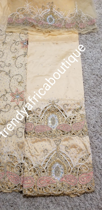 Clearance sale champagne gold VIP George for Nigerian/Igbo/delta Traditional weddings/birthdays and more wrapper + 1.8yds net fabric for making blouse. Sold as. A set of wrapper and blouse. Original quality silk. "Feel the difference in Quality"