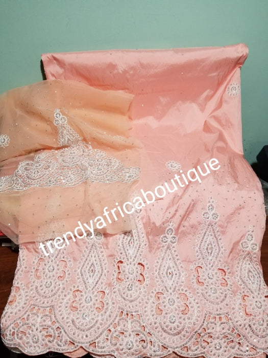 New arrival beautiful peach embroidery with hand stoned silk George Wrapper. dazzling crystal stones to perfection. Small-George