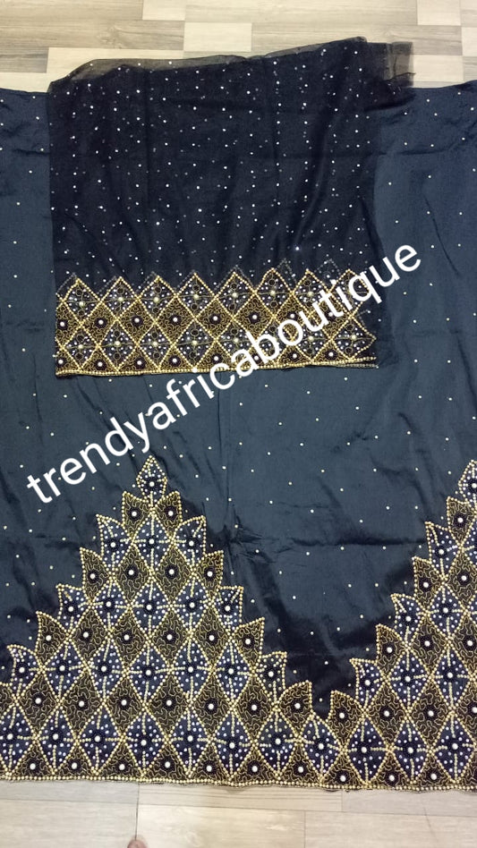 Sale: quality Celebrants Black with  all over Hand stoned silk George wrapper for Nigerian party outfit. Sold per set of 5yds+1.8yds net for making a blouse. Nigerian, Delta/Igbo/Edo wedding outfit