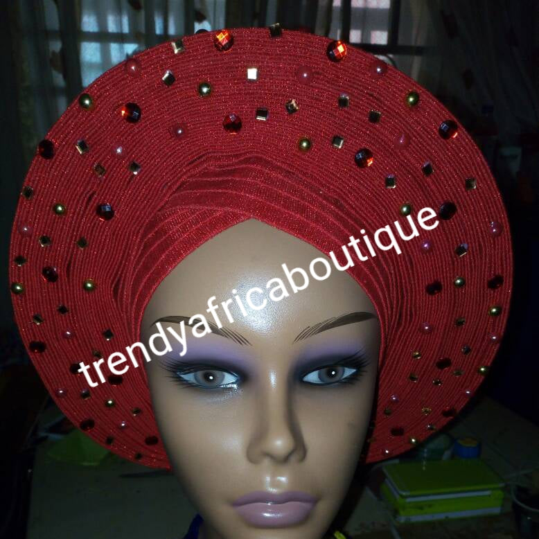 Sale, sale: Red Auto-gele. Nigerian aso-oke made into auto gele. beaded gele. Party ready in less than 5 minutes. One size fit, easy adjustment at the back