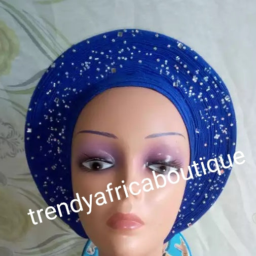 Royal blue Auto-gele. Nigerian aso-oke made into auto gele. beaded gele. Party ready in less than 5 minutes. One size fit, easy adjustment at the back
