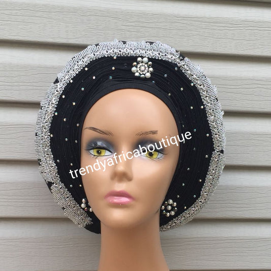 Black/silver beaded and stoned auto-gele. Wahala free gele already made for you. One piece with adjustment to fit at the back. So easy to secure and knot