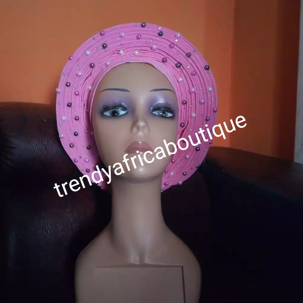 Pink  beaded and stoned auto-gele. Wahala free gele already made for you. One piece with adjustment to fit at the back