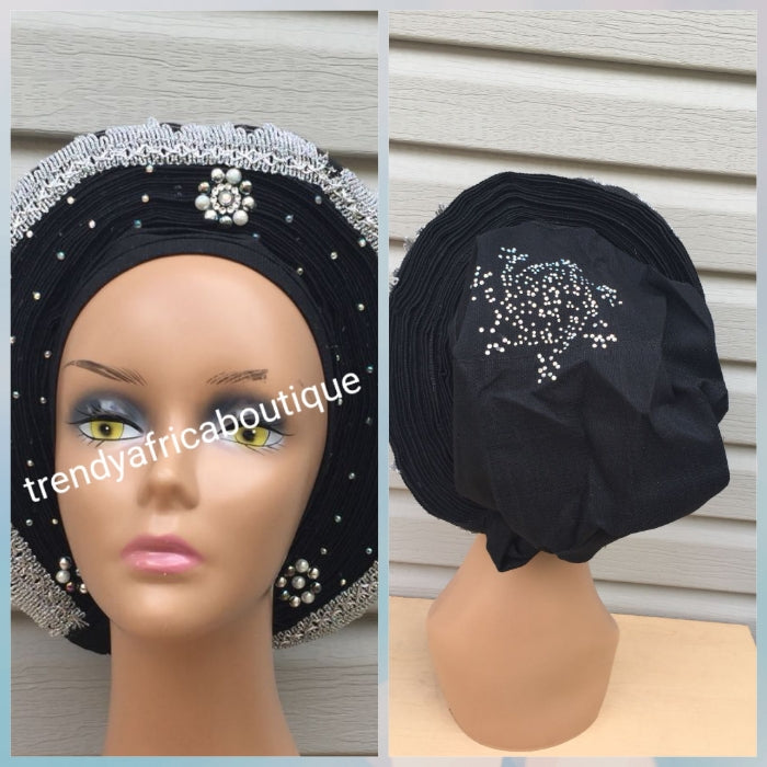 Black/silver beaded and stoned auto-gele. Wahala free gele already made for you. One piece with adjustment to fit at the back. So easy to secure and knot