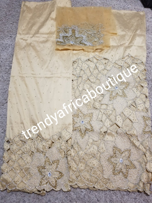 Sale: classic Beige color hand-cut VIP Silk George wrapper for Nigerian Traditional outfit. Igbo/delta/Akwa Igbom women wrapper. Beaded and stoned 2.5yds +2.5yd  with matching net for blouse