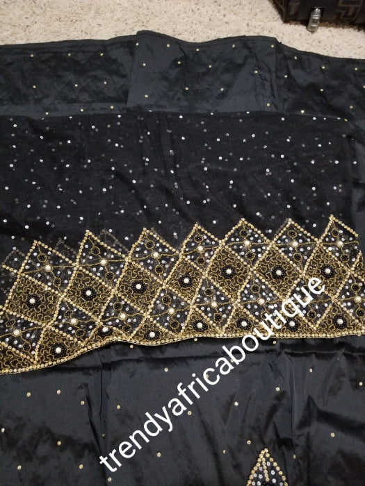 Sale: quality Celebrants Black with  all over Hand stoned silk George wrapper for Nigerian party outfit. Sold per set of 5yds+1.8yds net for making a blouse. Nigerian, Delta/Igbo/Edo wedding outfit