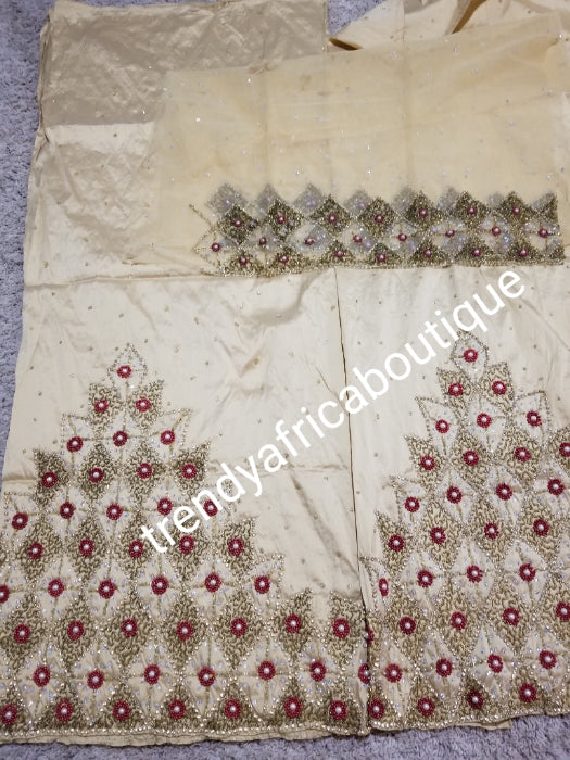 Sale: quality  champagne gold hand stoned silk George wrapper/blouse for Nigerian party outfit. Sold per set of 2.5yds + 2.5yds+1.8yds net for making blouse. Nigerian, Delta/Igbo/Edo wedding George