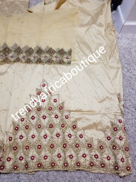 Sale: quality  champagne gold hand stoned silk George wrapper/blouse for Nigerian party outfit. Sold per set of 2.5yds + 2.5yds+1.8yds net for making blouse. Nigerian, Delta/Igbo/Edo wedding George