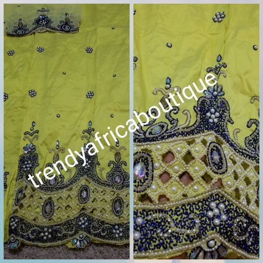 Ausverkauf George: Gelbe/königsblaue Kristallsteinarbeit in hochwertiger Seiden-George-Hülle für traditionelles nigerianisches/Igbo-/Delta-/Akwa-Ibom-Outfit. Verkauft als 2 Wrapper + 1,8 Yards kostenloses Netz für die Bluse