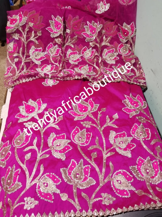 New arrival:  Nigerian Traditional Silk embroidery George wrapper. Quality embroidery + Hand Beaded/stones design in hot pink 5yds + 1.8 matching net blouse. Igbo/delta bride outfit. Small-George.