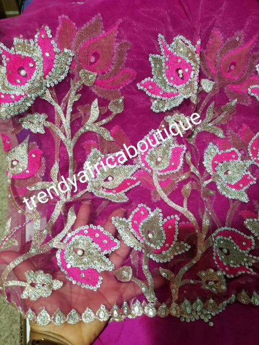 New arrival:  Nigerian Traditional Silk embroidery George wrapper. Quality embroidery + Hand Beaded/stones design in hot pink 5yds + 1.8 matching net blouse. Igbo/delta bride outfit. Small-George.