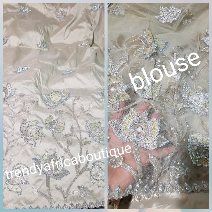 New arrival: Nigerian Traditional Silk embroidery George wrapper. Quality embroidery + Hand Beaded/stones design in Cream color 5yds + 1.8 matching net blouse. Igbo/delta bride outfit. Small-George.