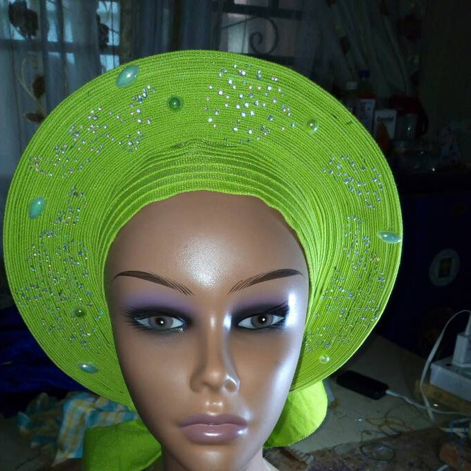 Sale, sale Nigeria gele. Lemon green Auto-gele. Nigerian aso-oke made into auto gele. Silver color, beaded and stoned. Party ready in less than 5 minutes. One size fit, easy adjustment at the back