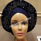 Navy Blue Auto-gele. Nigerian aso-oke made into auto gele. beaded and stoned. Party ready in less than 5 minutes. One size fit, easy adjustment at the back. Quality auto-gele