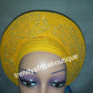 Sweet Yellow Auto-gele made with quality Aso-oke. Beaded and stoned quality hand work. One size fit, easy to adjust for fit and knot at the back to secure your gele