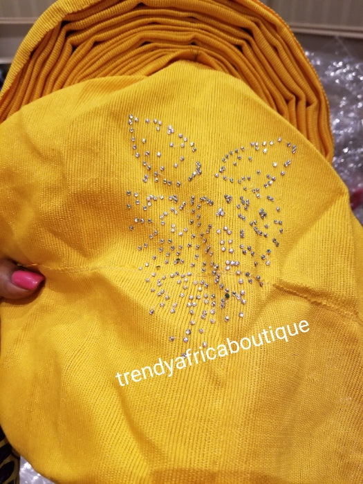Sweet Yellow Auto-gele made with quality Aso-oke. Beaded and stoned quality hand work. One size fit, easy to adjust for fit and knot at the back to secure your gele