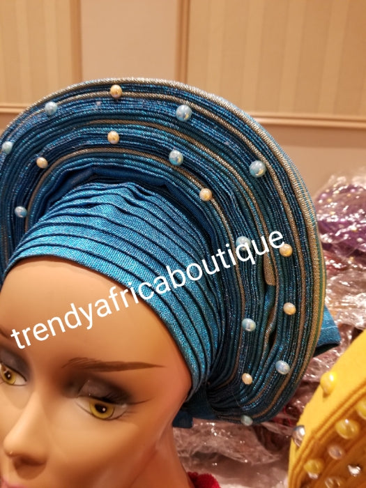Turquoise blue/silver auto-gele. One size fit all. Wahala free gele, party ready in seconds. New arrival beaded and  aso-oke gele already made